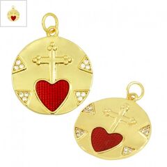 Μεταλλικό Μοτίφ Στρογγυλό Καρδιά με Ζιργκόν & Σμάλτο 20mm - Χρυσό/ Διαφανές/ Κόκκινο ΚΩΔ:78060703.422-NG