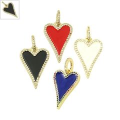 Μεταλλικό Μπρούτζινο Μοτίφ Καρδιά με Ζιργκόν &Σμάλτο 18x25mm - Χρυσό/ Μαύρο/ Διαφανές ΚΩΔ:78110545.401-NG