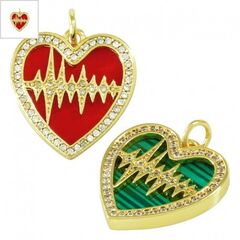 Μεταλλικό Μοτίφ Καρδιά Παλμός με Ζιργκόν & Φίλντισι 18x19mm - Χρυσό/ Κόκκινο/ Διαφανές ΚΩΔ:74780159.001-NG