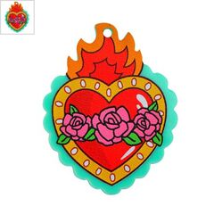 Πλέξι Ακρυλικό Μοτίφ Καρδιά Φωτιά Τριαντάφυλλα 37x48mm - Βεραμάν/Multi ΚΩΔ:71460657.075-NG
