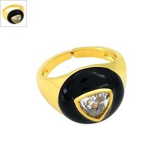 Μεταλλικό Μπρούτζινο Δαχτυλίδι με Ζιργκόν & Σμάλτο 20x15mm - Χρυσό/ Μαύρο/ Διαφανές ΚΩΔ:78060780.422-NG
