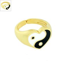 Μεταλλικό Δαχτυλίδι Καρδιά με Σμάλτο "Yin Yang" 21x13mm - Χρυσό/ Μαύρο/ Άσπρο ΚΩΔ:78110453.201-NG