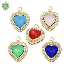 Μεταλλικό Μπρούτζινο Μοτίφ Καρδιά με Ζιργκόν 16x19mm - Χρυσό/ Διαφανές/ Πράσινο ΚΩΔ:78110692.002-NG
