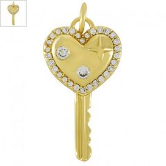 Μεταλλικό Μπρούτζινο Μοτίφ Κλειδί Καρδιά με Ζιργκόν 23x13mm - Χρυσό/ Διαφανές ΚΩΔ:78110816.422-NG