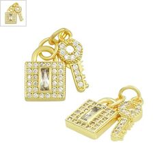 Μεταλλικό Μπρούτζινο Λουκέτο Κλειδί Ζιργκόν 9x12mm & 14x5mm - Χρυσό/ Διαφανές ΚΩΔ:78110316.201-NG