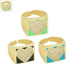 Μεταλλικό Δαχτυλίδι Τετράγωνο Καρδιά Ζιργκόν &Σμάλτο 21x16mm - Χρυσό/ Πράσινο/ Διαφανές ΚΩΔ:78110504.002-NG