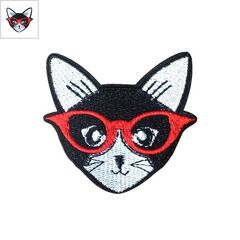 Υφασμάτινο Στοιχείο Θερμοκολλητικό Γάτα με Γυαλιά 61x60mm - Μαύρο/Άσπρο/Κόκκινο ΚΩΔ:77120070.001-NG