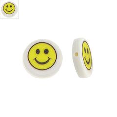 Χάντρα Ρητίνης Στρογγυλή Επίπεδη Χαμογελαστό Πρόσωπο 15mm - Άσπρο/Κίτρινο ΚΩΔ:71460666.002-NG