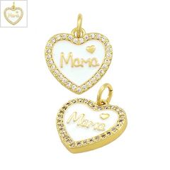 Μεταλλικό Μοτίφ Καρδιά "Μαμά" με Ζιργκόν & Σμάλτο 14mm - Χρυσό/ Άσπρο/ Διαφανές ΚΩΔ:78060800.001-NG