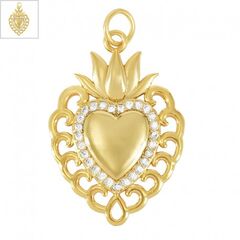 Μεταλλικό Μπρούτζινο Μοτίφ Καρδιά με Ζιργκόν 18x26mm - Χρυσό/ Διαφανές ΚΩΔ:78110800.422-NG