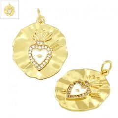 Μεταλλικό Μοτίφ Στρογγυλό Καρδιά με Ζιργκόν & Σμάλτο 19mm - Χρυσό/ Διαφανές/ Άσπρο ΚΩΔ:78060704.422-NG