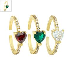 Μεταλλικό Μπρούτζινο Δαχτυλίδι Καρδιά με Ζιργκόν 20mm - Χρυσό/ Πράσινο/ Διαφανές ΚΩΔ:78110645.001-NG
